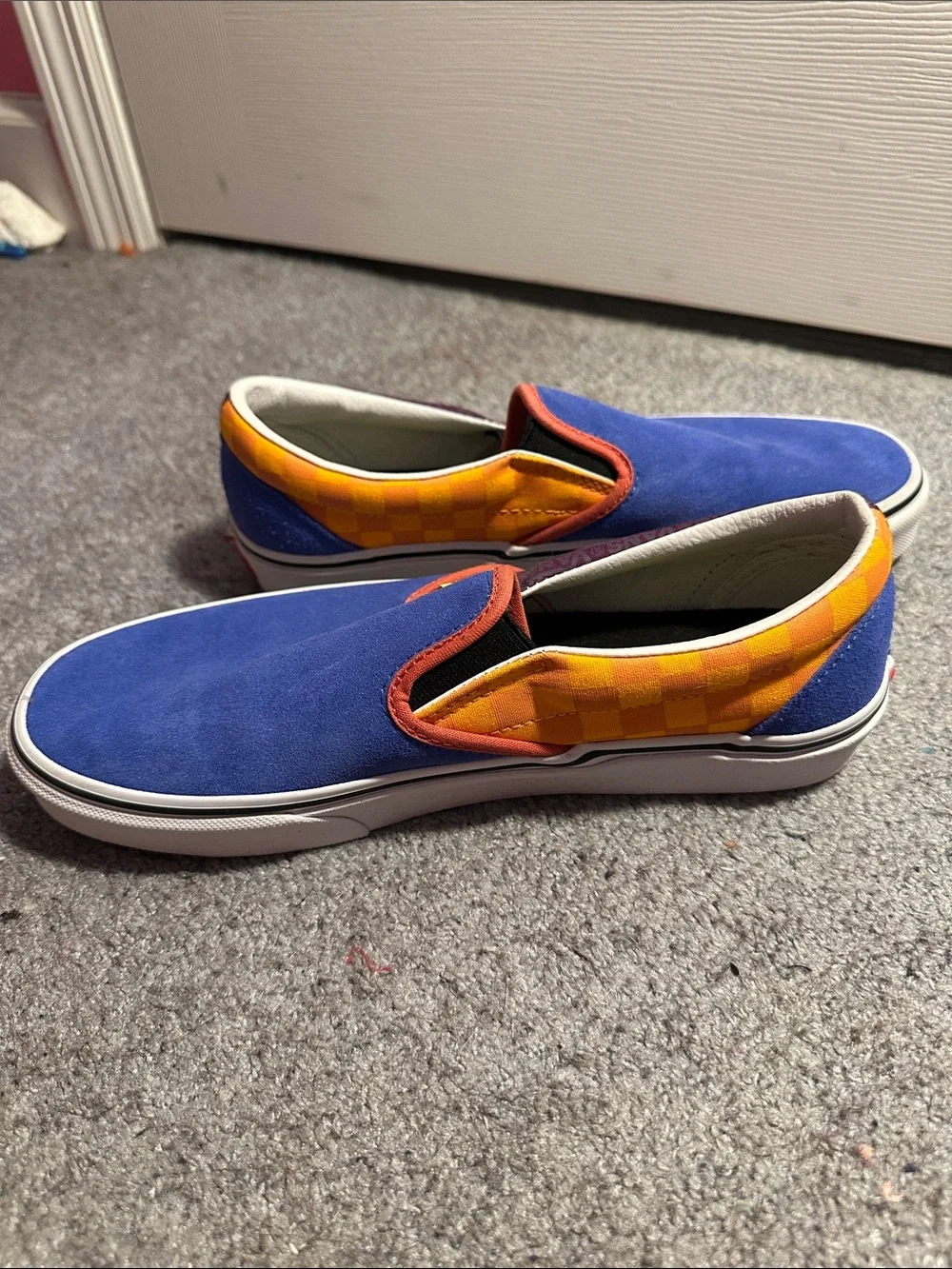 Vans Slip-On Blue Suede with Orange Trim and Multicolor Heel